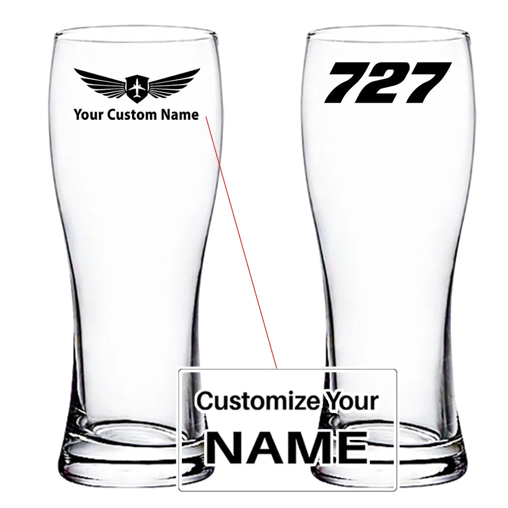 Boeing 727 Flat Text aviation design on pilsner glass, tall pilsner glassware.