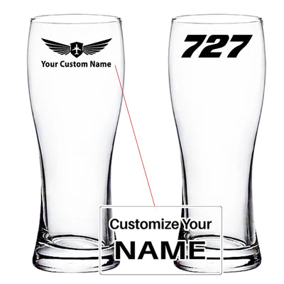 Boeing 727 Flat Text aviation design on pilsner glass, tall pilsner glassware.