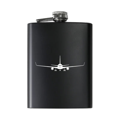 Boeing 767 Silhouette aviation design on stainless hip flask, compact pocket-size flask.