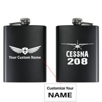 Thumbnail for Cessna 208 & Plane aviation design on stainless hip flask, compact pocket-size flask.