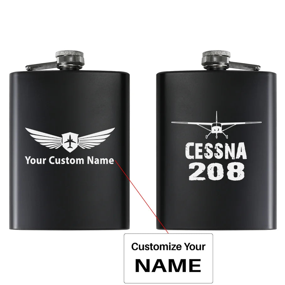 Cessna 208 & Plane aviation design on stainless hip flask, compact pocket-size flask.
