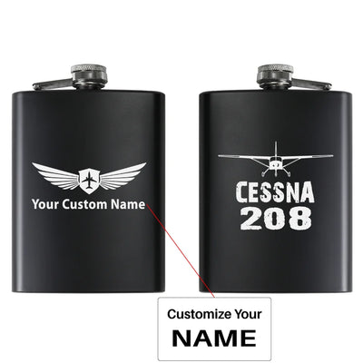 Cessna 208 & Plane aviation design on stainless hip flask, compact pocket-size flask.
