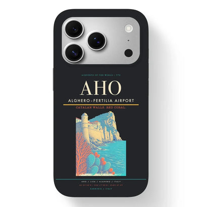 Alghero Airport (AHO) design on black iPhone 17 Pro MagSafe case