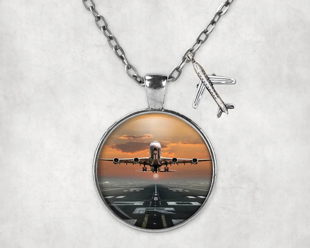 Aircraft Departing from RW30 aviation-themed necklace, polished stainless steel.