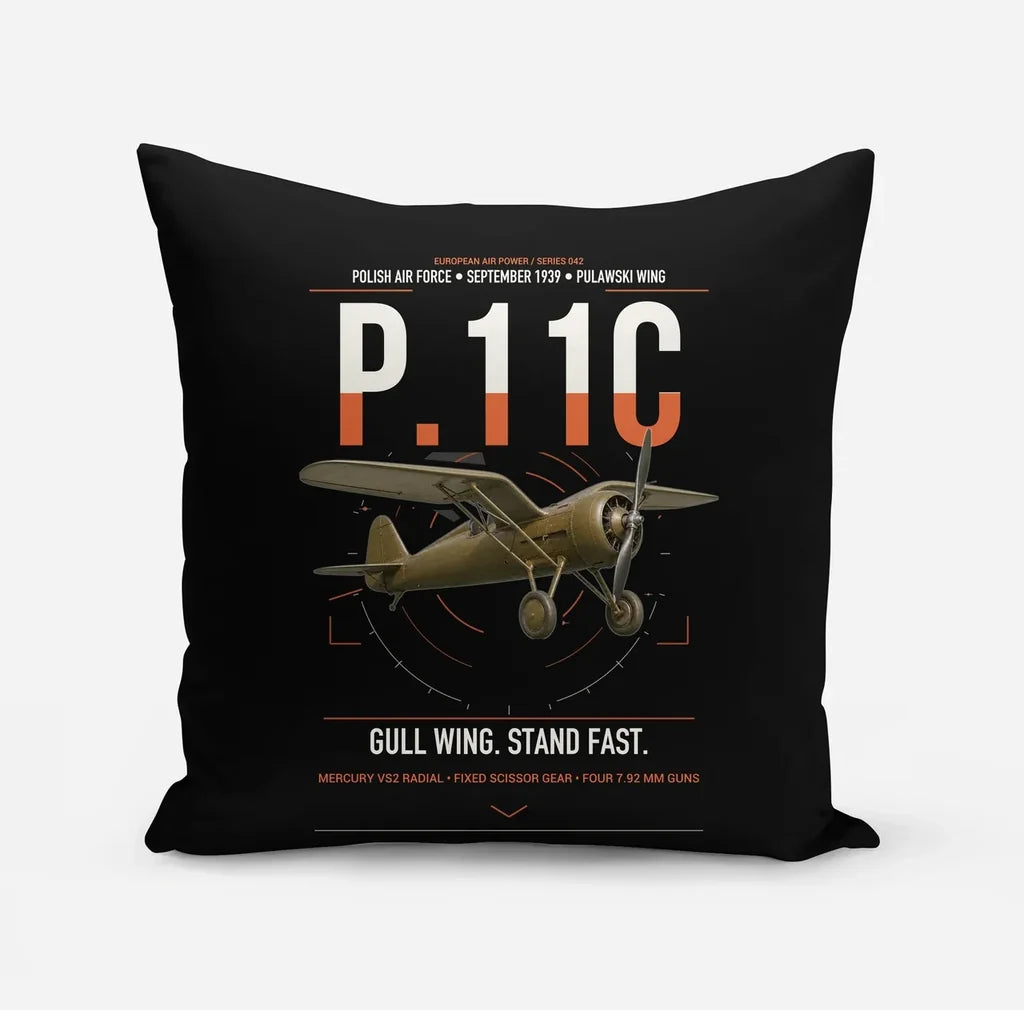 PZL P.11c design on black pillow