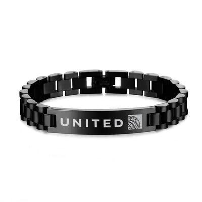 United Airlines aviation-themed chain bracelet, polished stainless steel.