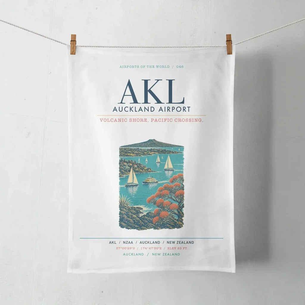 Auckland Airport (AKL) design on white towel