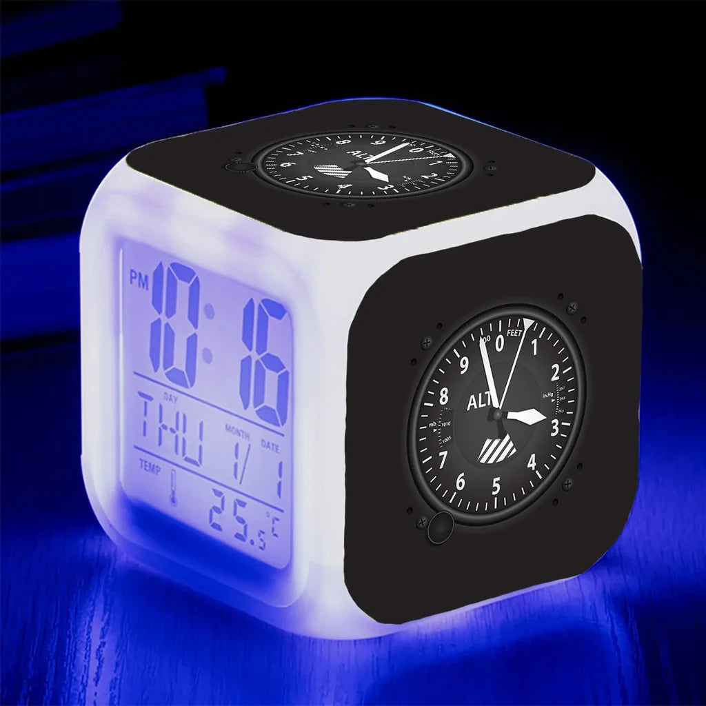 Airplane Instruments-Altitude "7 Colour" Digital Alarm aviation themed table clock, premium wood and metal.