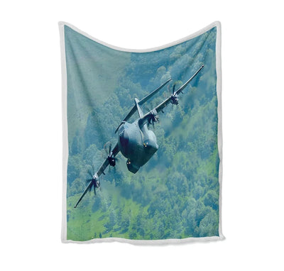 Cruising Airbus A400M Bed Blankets & aviation print on soft fleece blanket.