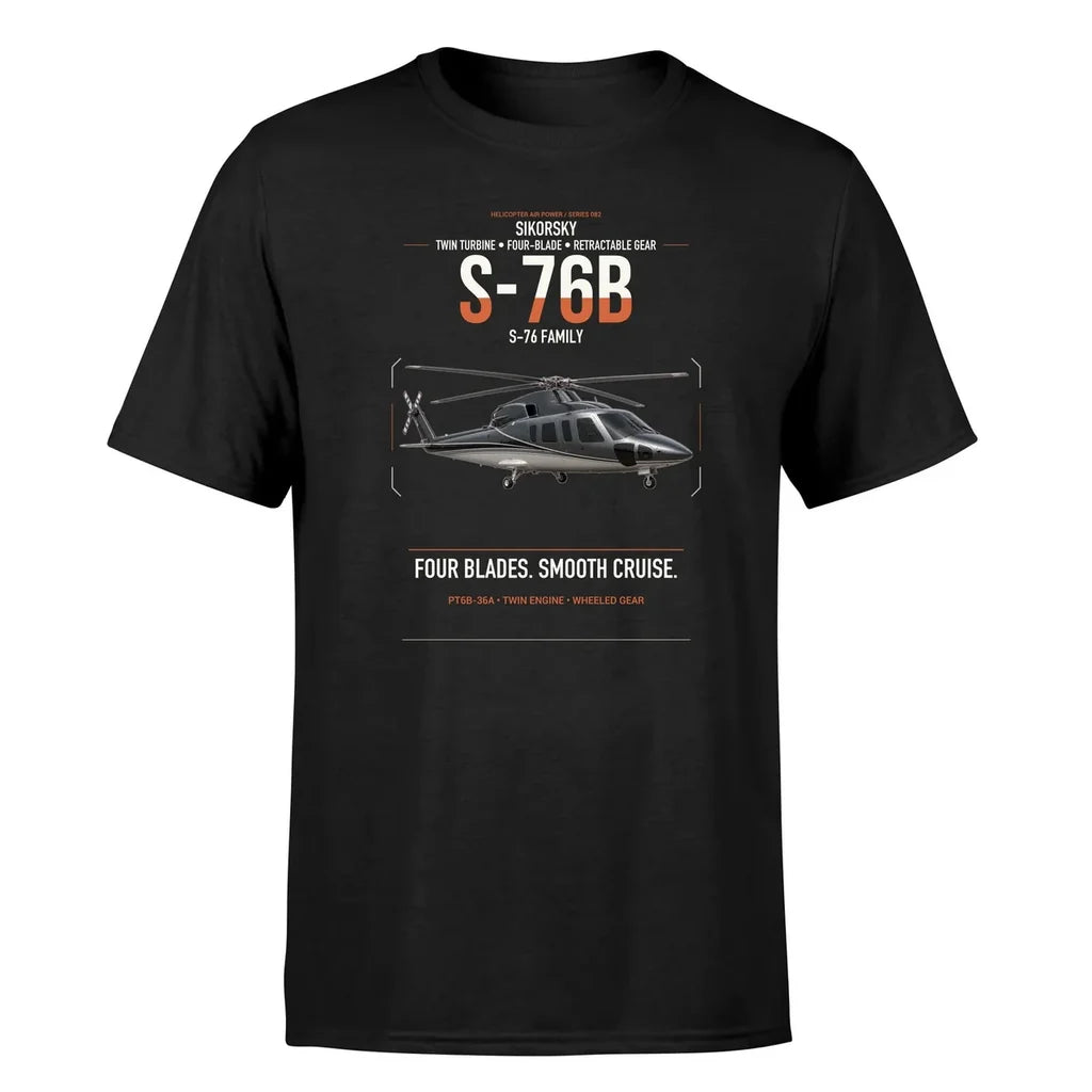 Sikorsky S-76B design on black t-shirt, single-side print