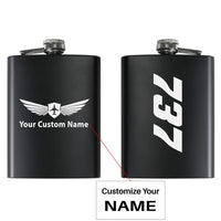 Thumbnail for Boeing 737 Text aviation design on stainless hip flask, compact pocket-size flask.