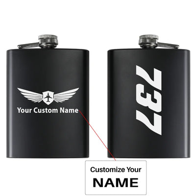 Boeing 737 Text aviation design on stainless hip flask, compact pocket-size flask.