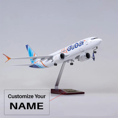 Side view of Fly Dubai Airline Boeing 737 MAX (Special Edition 47CM) Airplane Model aviation LED model airplane in diecast me.