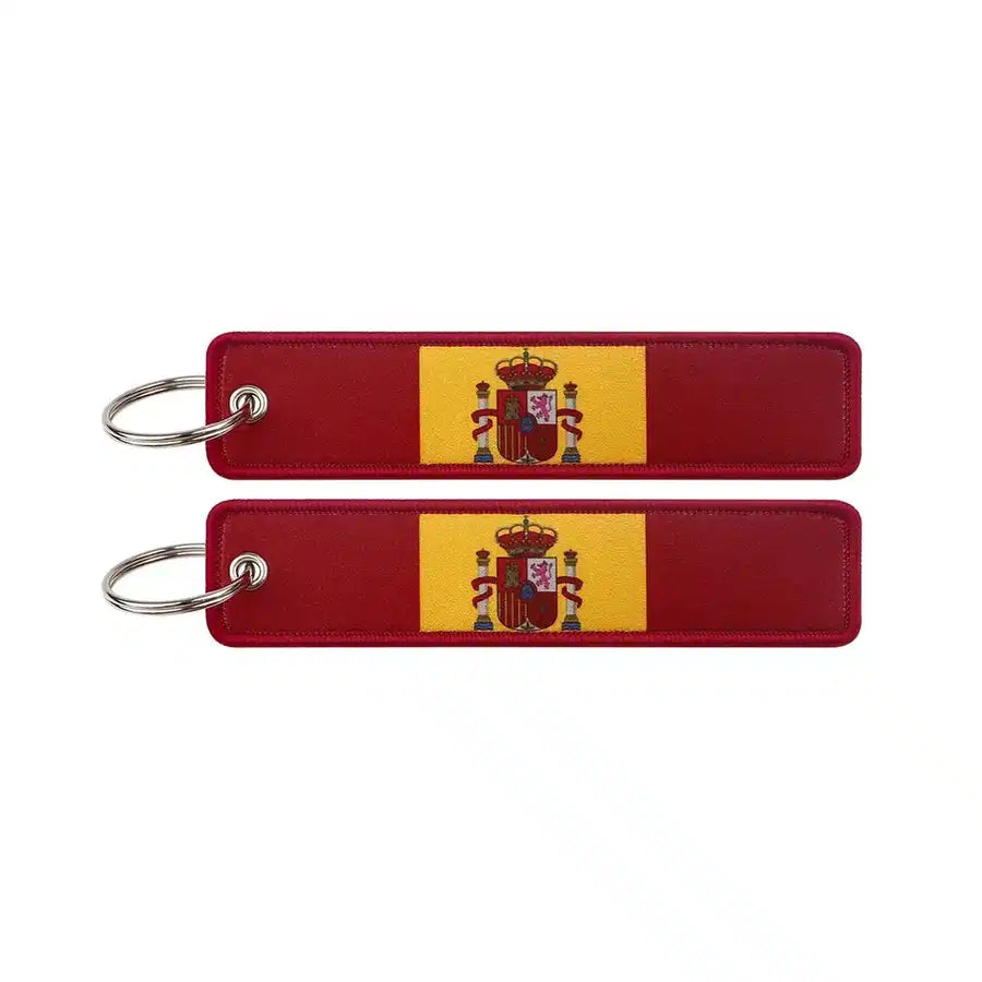 Spain Flag aviation Remove Before Flight key chain, aviation-tag style webbing.