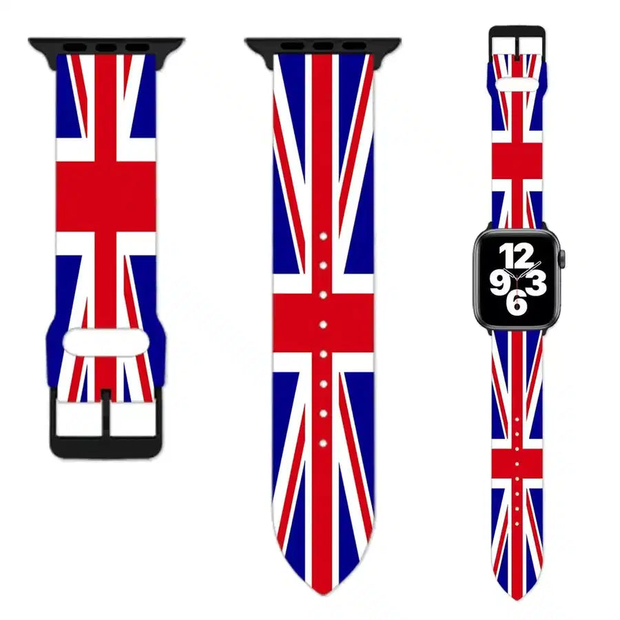 Side view of UK Flag aviation Apple Watch band in soft silicone, polished finish.