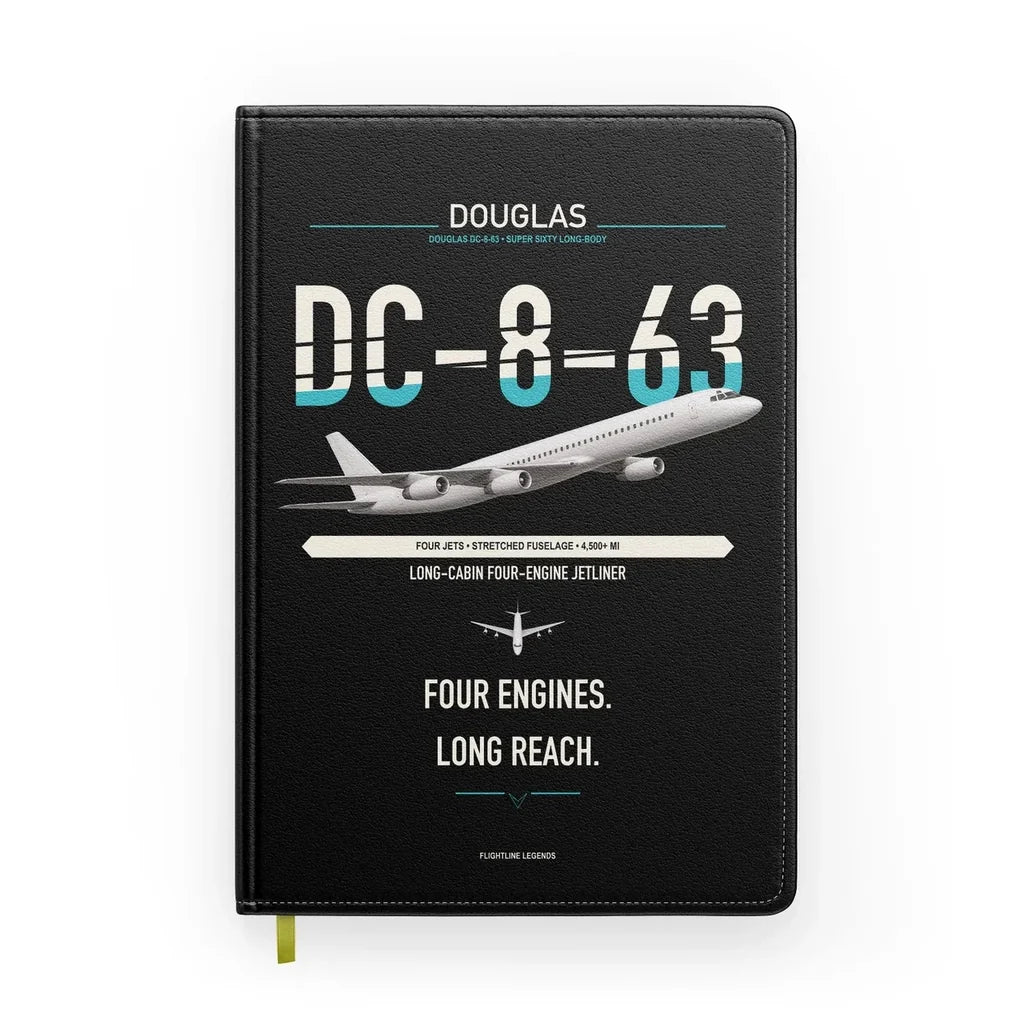 Douglas DC-8-63 design on black notebook