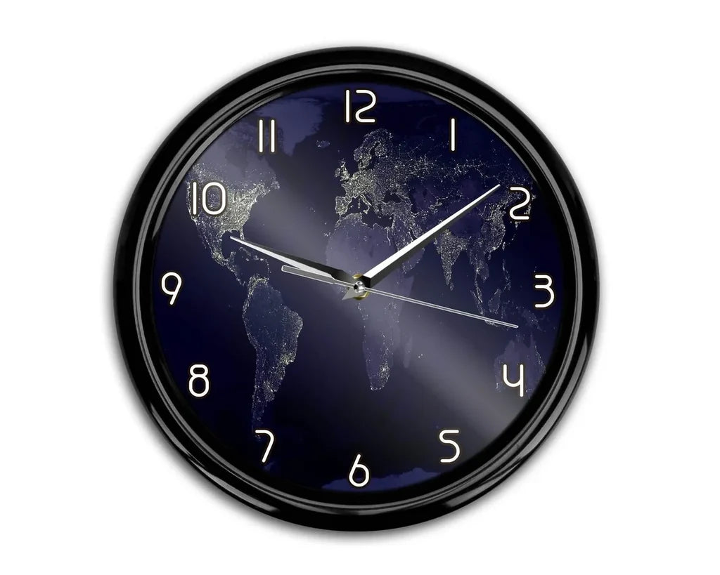 World Map From Space aviation themed wall clock, premium wood and metal.