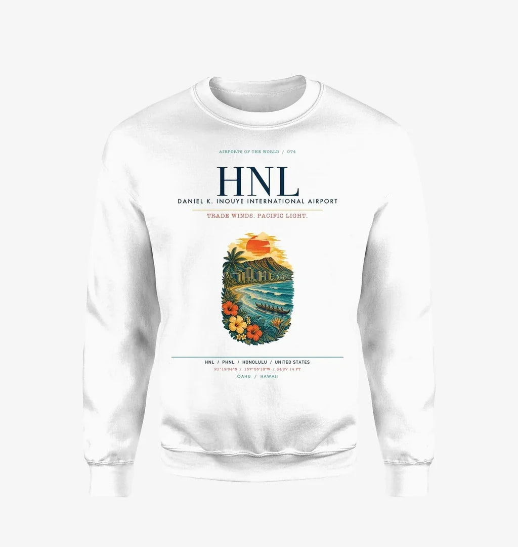 Honolulu Daniel K. Inouye International Airport (HNL) design on white sweatshirt
