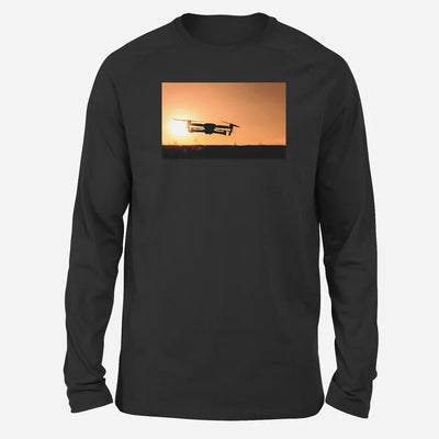 Amazing Drone in Sunset Long-Sleeve aviation design printed on soft cotton long-sleeve T-shirt.