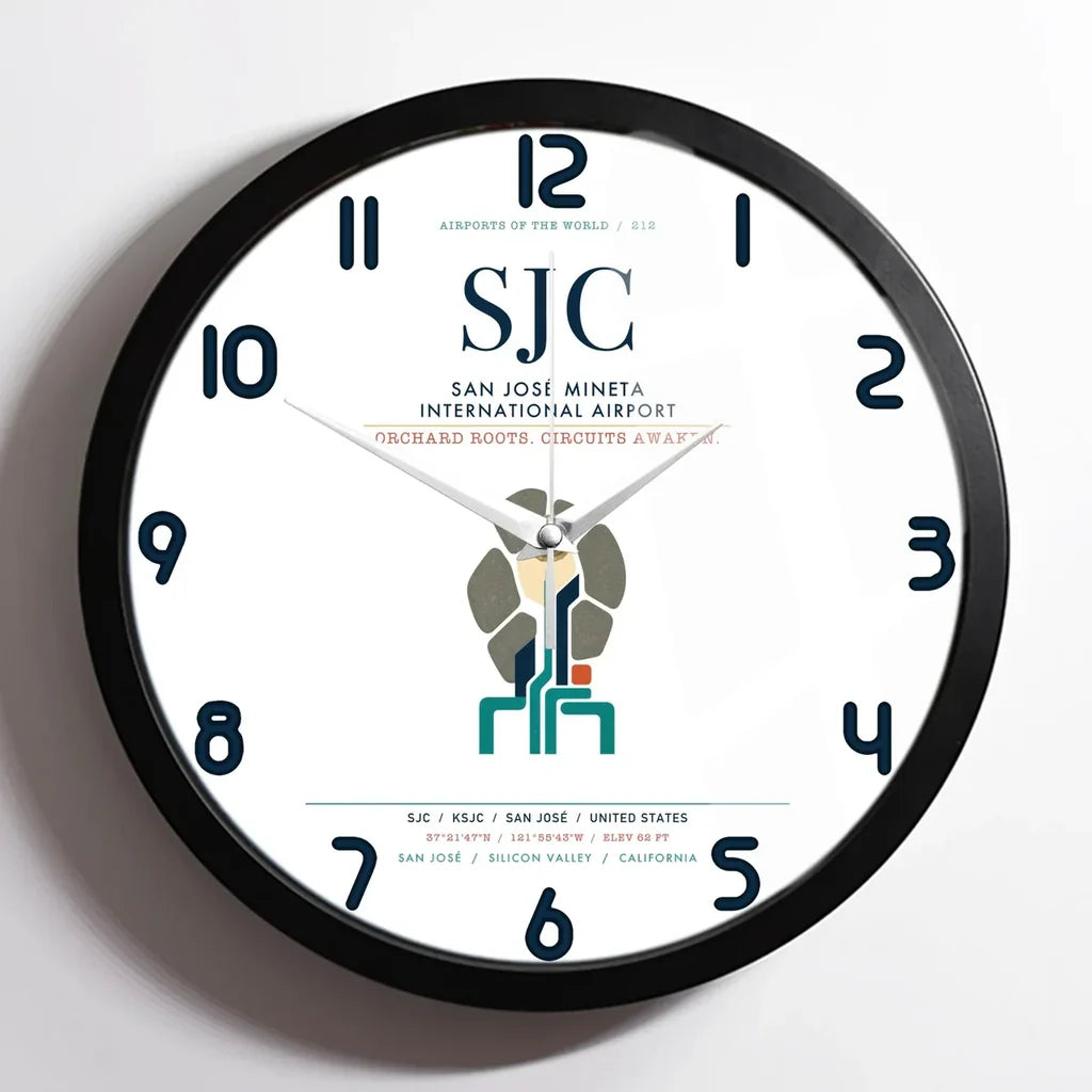 San José Mineta International Airport (SJC) design on white framed wall clock