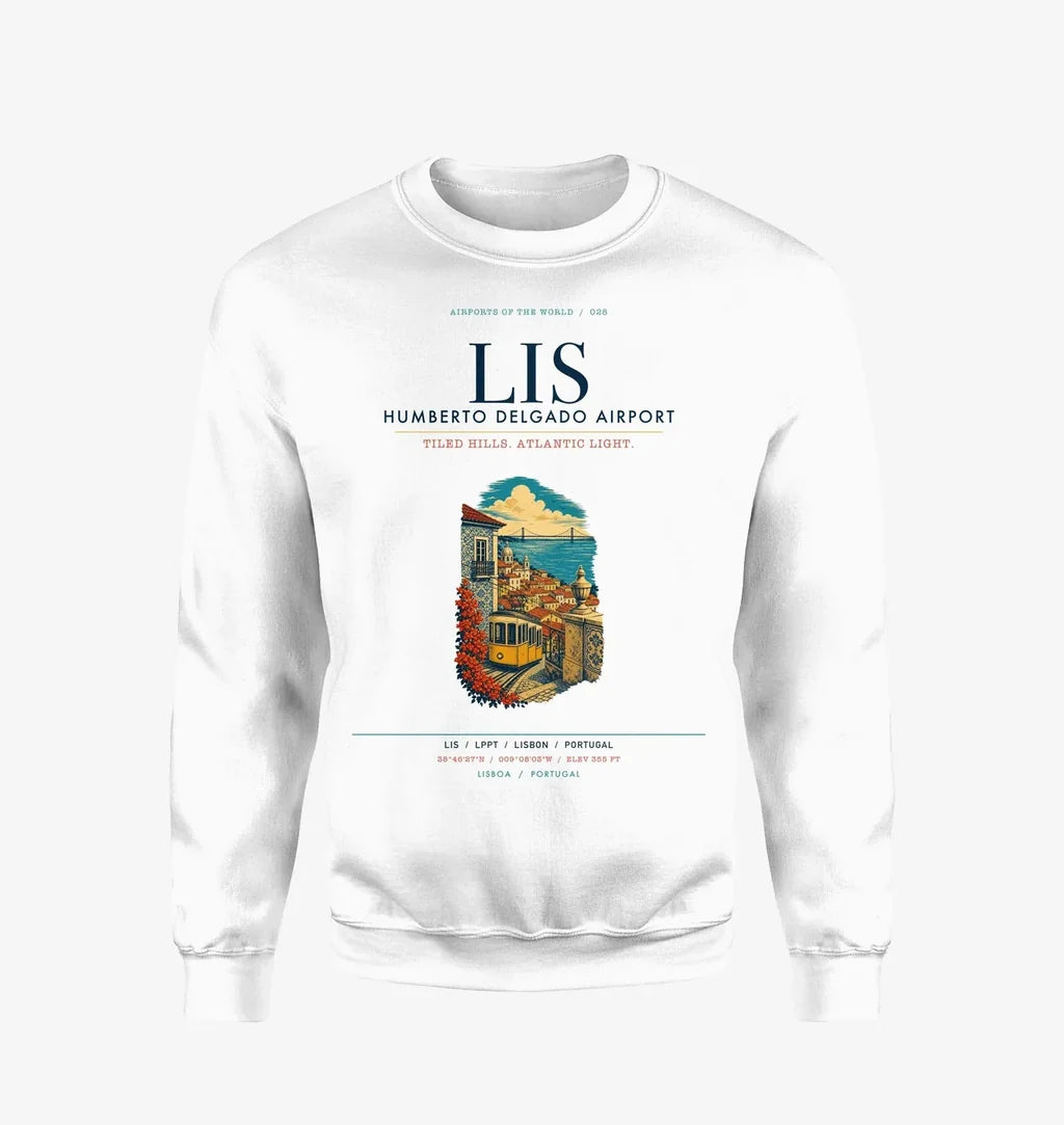 Lisbon Humberto Delgado Airport (LIS) design on white sweatshirt