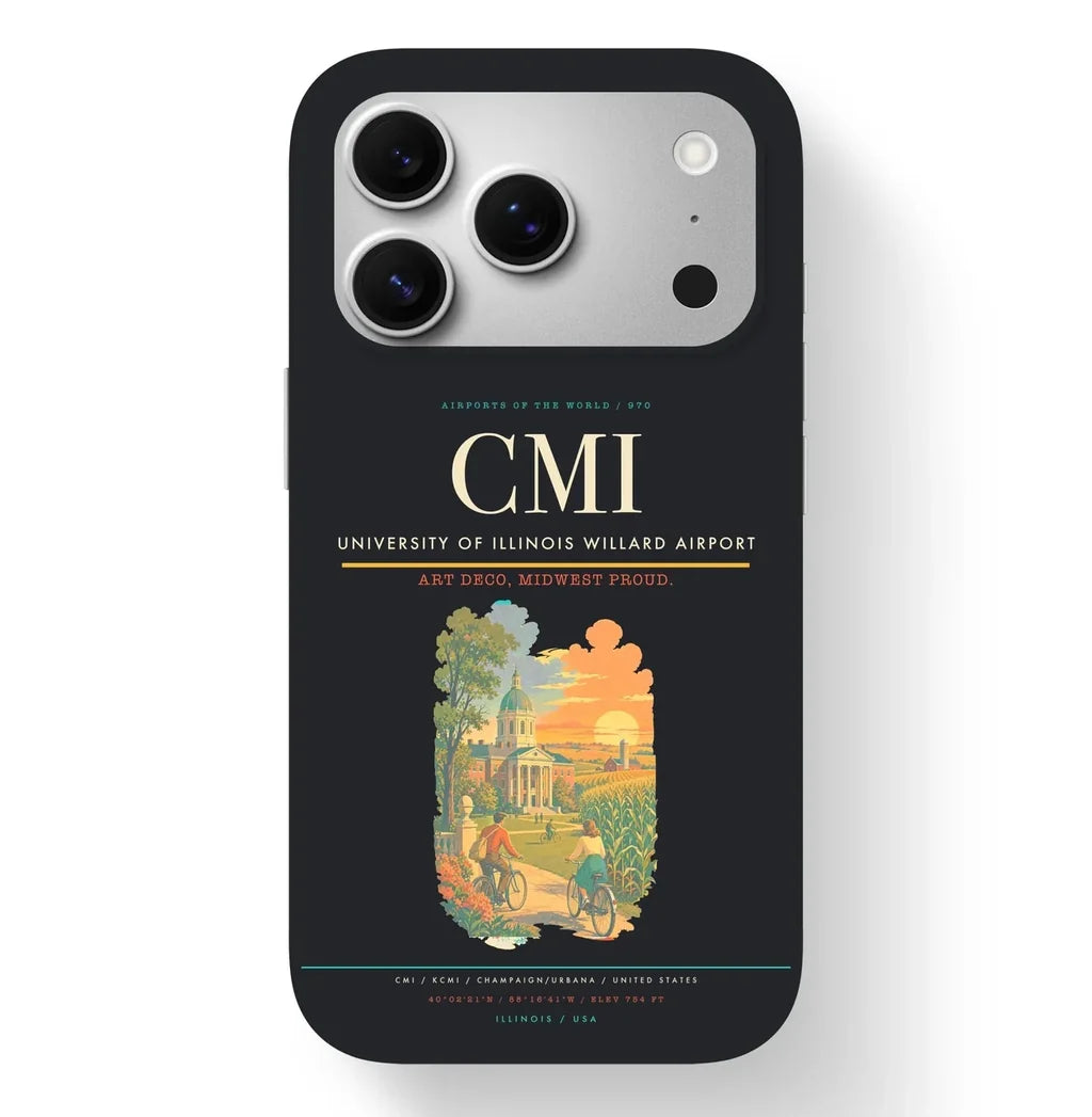 Champaign/Urbana Airport (CMI) design on black iPhone 17 Pro MagSafe case