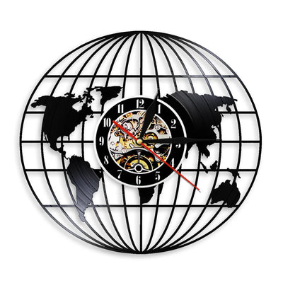 World Map Vinyl Record aviation design on premium wood and metal wall clock.