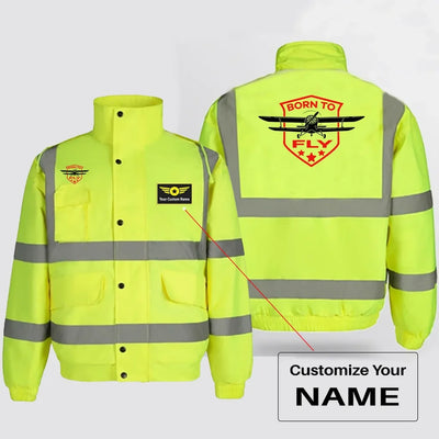 Born To Fly aviation design printed on insulated shell with high-visibility reflective panels reflective winter jacket.