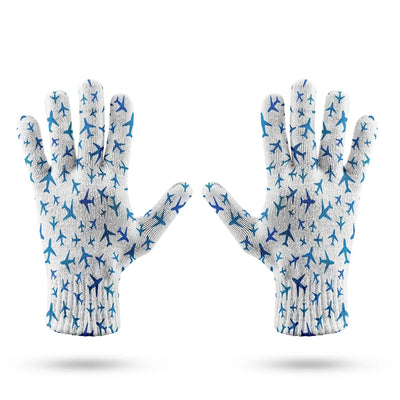 Many Airplanes White aviation design on soft knit fabric gloves.