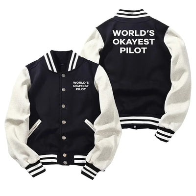 World's Okayest Pilot Baseball Style aviation design printed on two-tone shell with ribbed cuffs baseball jacket.