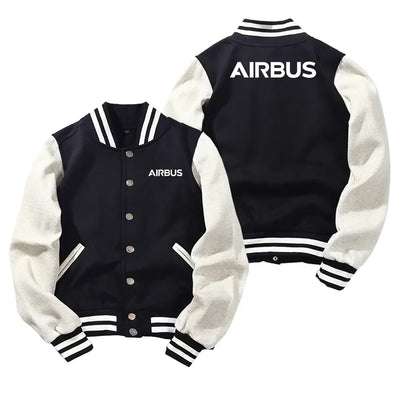 Airbus & Text Baseball Style aviation design printed on two-tone shell with ribbed cuffs baseball jacket.