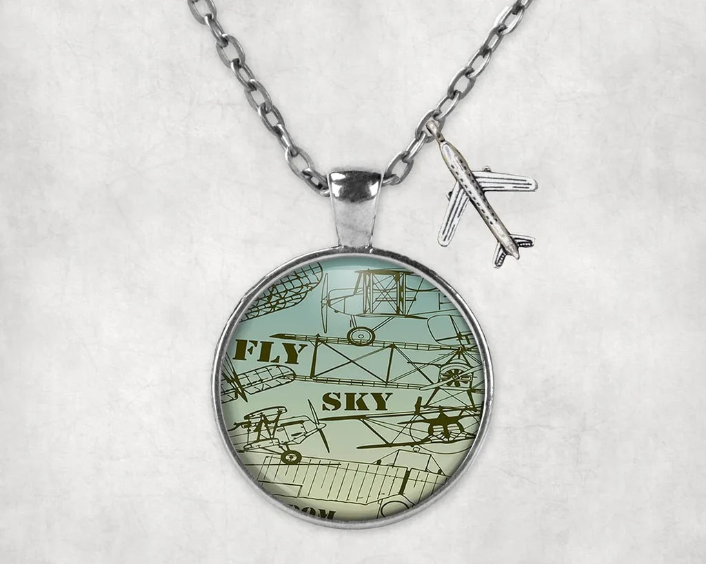 Retro Airplanes & Text aviation necklace, stainless steel body with engraved detail.