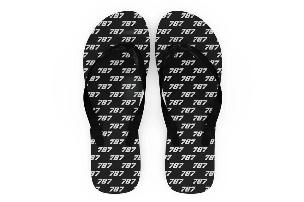 Boeing 787 Flat Text Slippers (Flip Flops) aviation design on durable rubber sole slippers and flip-flops.