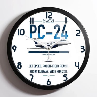 Pilatus PC-24 design on white framed wall clock
