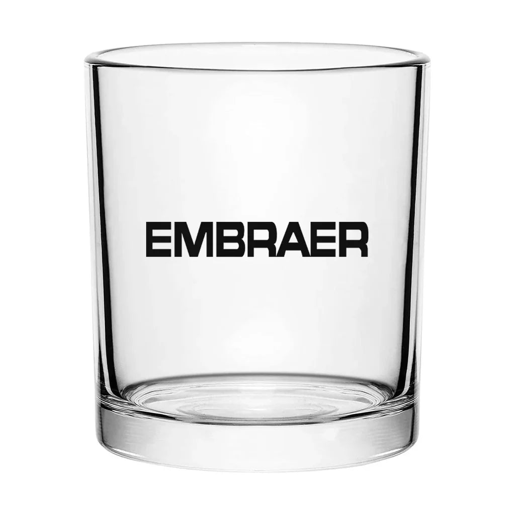 Embraer & Text aviation design on whiskey glass, special-edition crystal cut.