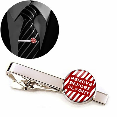 Side view of Special Edition Remove Before Flight aviation tie clip in stainless steel, polished finish.