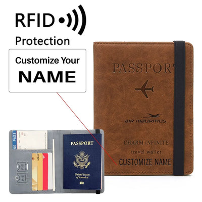 Air Mauritius Airlines aviation design passport cover travel wallet, leather construction.