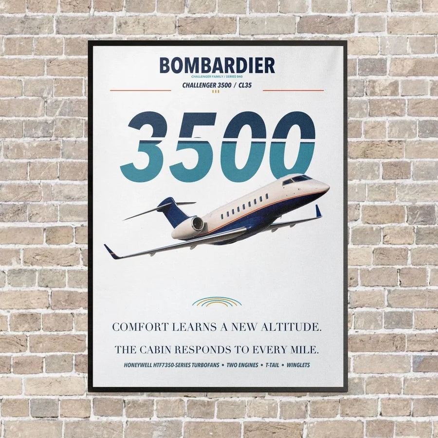 Bombardier Challenger 3500 vertical canvas print - framed - white background