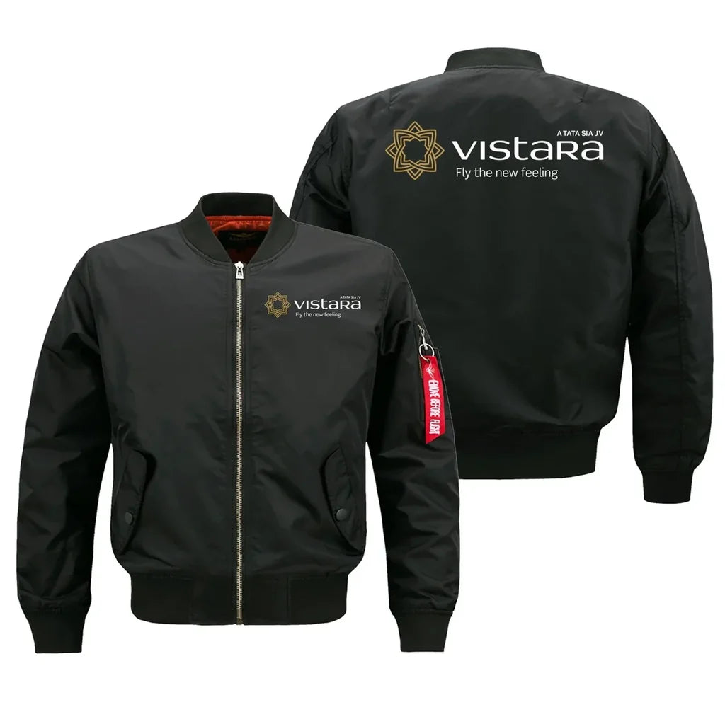 Vistara Airlines logo on black bomber jacket