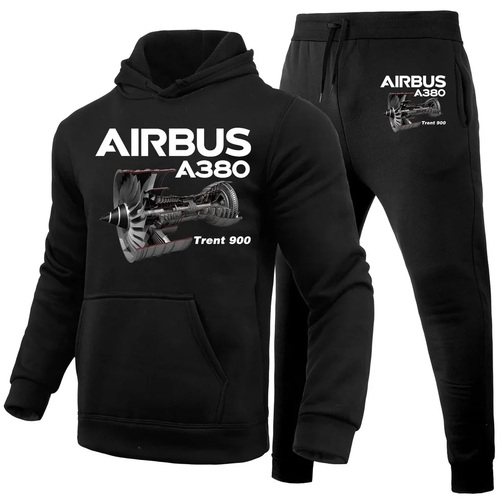 Airbus A380 & Trent 900 Engine aviation design on soft cotton blend hoodie and sweatpants set.