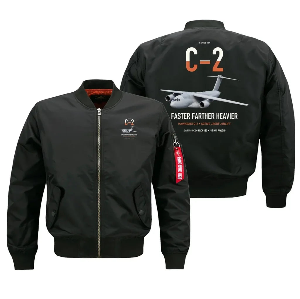 Kawasaki C-2 design on black bomber jacket, double-side print