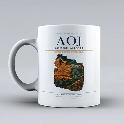 Aomori Airport (AOJ) airport code design on white ceramic mug