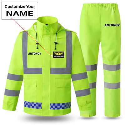 Antonov & Text aviation design on waterproof polyester with reflective panels reflective waterproof rainsuit set.