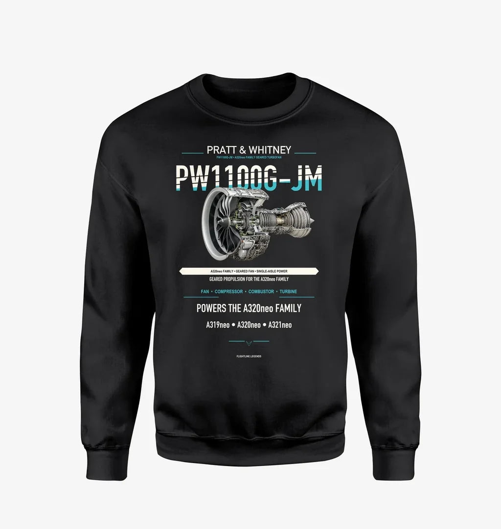 PW1100G-JM design on black sweatshirt