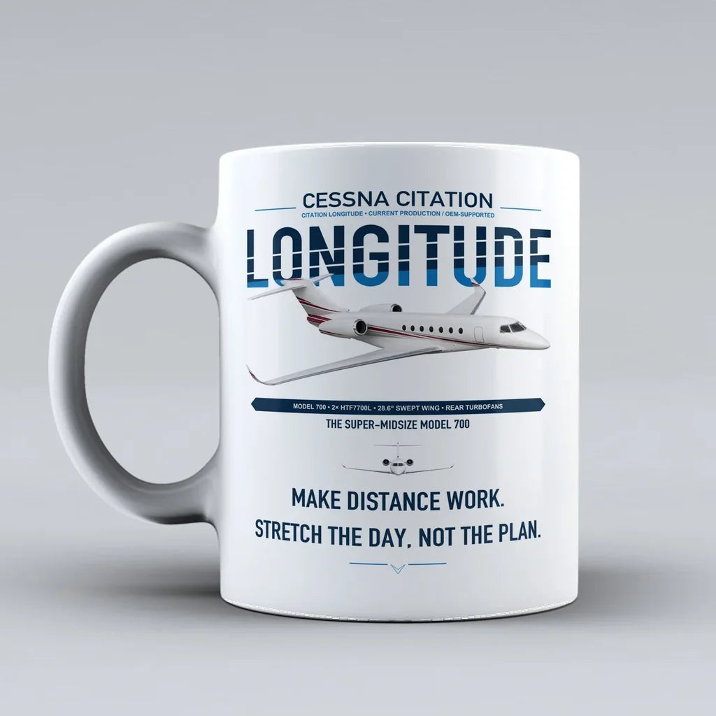 Cessna Citation Longitude design on white ceramic mug, double-side print