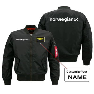 Norwegian Airlines aviation design with custom name embroidered on black bomber jacket