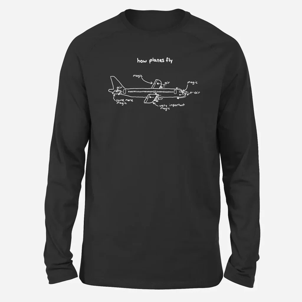 How Planes Fly Long-Sleeve aviation design printed on soft cotton long-sleeve T-shirt.