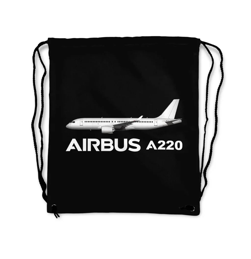 The Airbus A220 aviation drawstring bag in lightweight polyester.