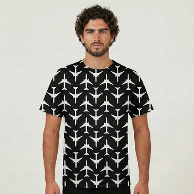 Perfectly Sized Seamless Airplanes Black aviation design printed on soft cotton 3D-print T-shirt.