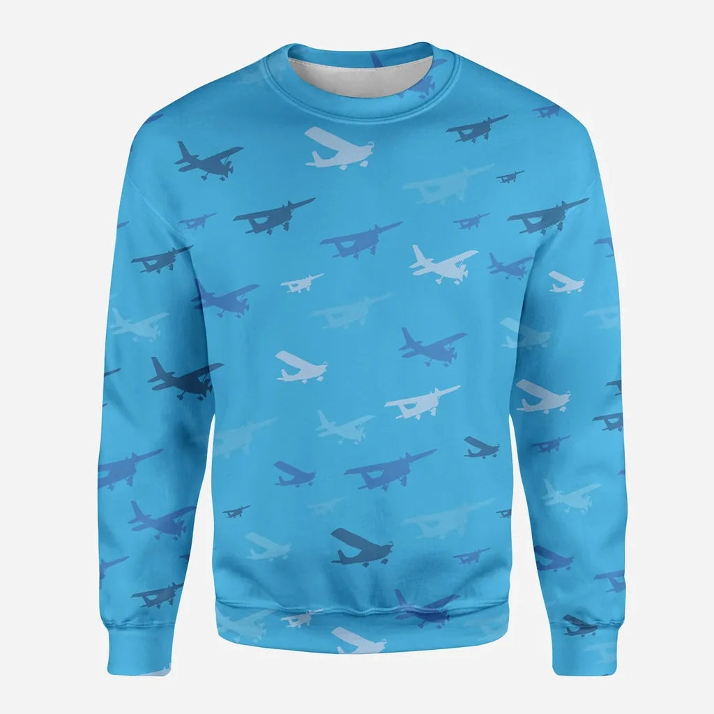 Many Propellers aviation design printed on soft cotton blend 3D sweatshirt.